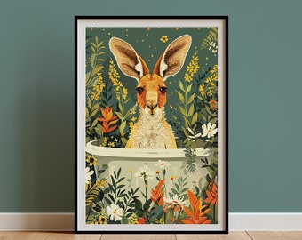 Kangaroo Wall Art, Animal Kids Room Print, Boho Jungle Bathtub Poster, Maximalist Botanical Eclectic Tropical Poster, Bathroom Art DIGITAL