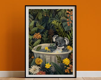 Koala Wall Art, Australian Animal Kids Room Print, Boho Jungle Bathtub Poster, Maximalist Botanical Eclectic Tropical Bathroom Decor DIGITAL