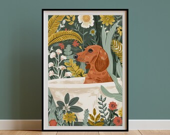Dachshund Wall Art, Boho Jungle Bathtub Print, Maximalist Botanical Decor, Eclectic Tropical Poster, Red Chocolate Dog Owner Gift, DIGITAL