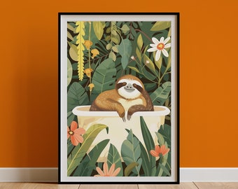 Sloth Wall Art Print on Fine Art Paper, Animal Kids Room Print, Boho Jungle Poster, Maximalist Botanical Eclectic Tropical, Bathroom Art
