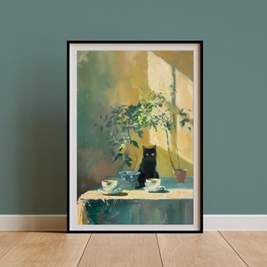 Impresión retro de gato negro y café, póster con ilustración de tazas de té vintage, decoración de cocina, arte de pared para comedor, pintura de naturaleza muerta, regalo para mamá gata