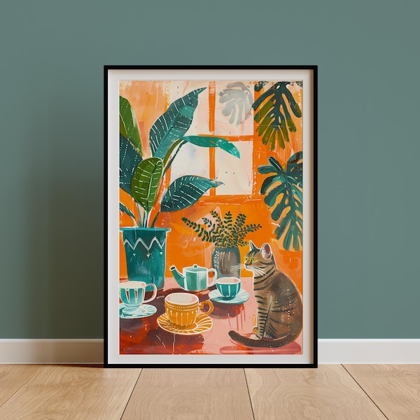 Retro Tabby Cat & Coffee Print, Cat Artwork Painting,Vintage Teacups Illustration Poster,Botanical Kitchen Dining Decor,Tabby Cat Mom Gift