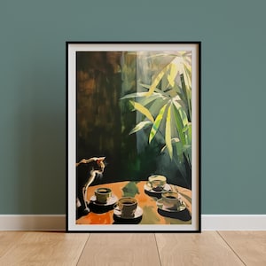 Impresión retro de gato atigrado y café, póster con ilustración de tazas de té vintage, decoración de cocina, arte mural para el comedor, pintura de bodegones, regalo para mamá gata