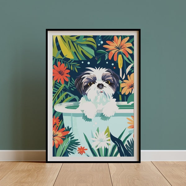 Shih Tzu Wall Art, Boho Jungle Bathtub Print, Maximalist Botanical Decor, Eclectic Tropical Poster, Cute Funny Dog Mom Owner Gift, DIGITAL