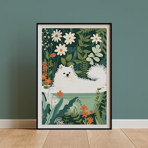 Japanese Spitz Wall Art Cartoon, Cute Funny Mom Owner Gift, Boho Jungle Print, Eclectic Tropical Poster, Maximalist Botanical Decor DIGITAL