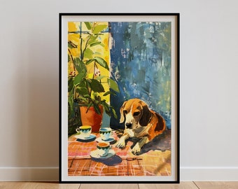 Vintage Beagle Print, Dog Coffee Illustration Poster, Dining Room Tea Wall Art, Still Life Painting, Retro Kitchen Decor, Beagle Owner Gift