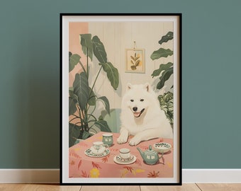 Retro Samoyed Print, Dog & Coffee Illustration Poster, Dining Room Tea Wall Art, Drinks Still Life Painting, Vintage Kitchen Decor, Mom Gift