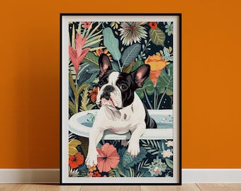 French Bulldog Wall Art, Black & White Frenchie Owner Gift, Boho Jungle Tropical Print, Maximalist Botanical Decor, Funny Poster DIGITAL