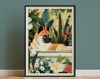 American Akita Wall Art, Cute Red Fawn Akita Mom Owner Gift, Boho Jungle Print, Eclectic Tropical Poster, Maximalist Botanical Decor DIGITAL