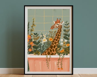 Giraffe Wall Art, Animal Kids Room Print, Boho Jungle Bathtub Poster, Maximalist Botanical Eclectic Tropical Poster, Bathroom Art DIGITAL
