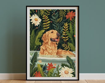 Golden Retriever Wall Art, Boho Jungle Bathtub Print, Maximalist Botanical Decor, Eclectic Tropical Poster, Cute Dog Mom Owner Gift, DIGITAL