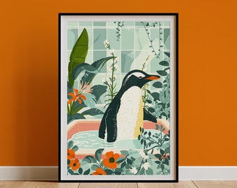 Penguin Bathroom Wall Art Print on Fine Art Paper, Kids Animal Room Decor, Boho Jungle Poster, Maximalist Tropical Botanical, Bathroom Decor