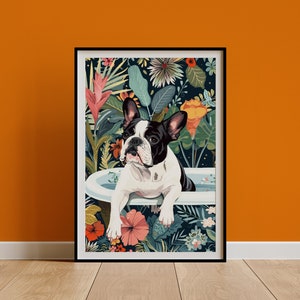 Arte mural de bulldog francés, regalo para dueño de bulldog francés en blanco y negro, estampado tropical bohemio de jungla, decoración botánica maximalista, póster divertido digital
