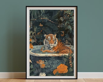 Tiger Wall Art, Boho Jungle Animal Bathtub Print, Balinese Decor, Maximalist Botanical Eclectic Tropical Poster, Kids Room Bathroom DIGITAL