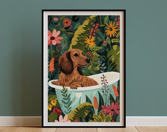 ファインアート紙に描かれたダックスフントのウォールアート、動物の子供部屋用プリント、ボヘミアンジャングルポスター、マキシマリスト・エクレクティック・トロピカル、バスルームアート、愛犬家へのギフト