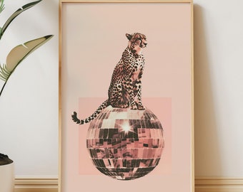Retro Cheetah Wall Art Large,Disco Ball Poster,Funky 70s Cheetah Print,Cool Collage,Luxury Mirrorball Girly Dorm Room Decor,Cat Lover Gift