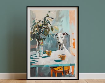 Vintage print windhond en koffie, illustratie poster hond theekopjes, eetkamer kunst aan de muur, stilleven, decor retro keuken, cadeau moeder