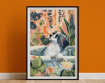 Blue Merle Australian Shepherd Wall Art, Jungle Bathtub Tropical Print, Maximalist Botanical Decor, Eclectic Poster, Dog Lover Gift, DIGITAL