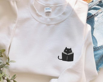 Cute Book Cat Embroidered Sweatshirt, Cool Reading Cat Embroidery Kawaii Crewneck, Minimalist Streetwear Sweater, Black Cat Book Lover Gift