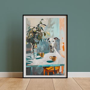 Stampa vintage con levriero e caffè, poster con illustrazione di tazze da tè con cani, decorazione da parete per sala da pranzo, natura morta, arredamento retrò per cucina, regalo per la mamma