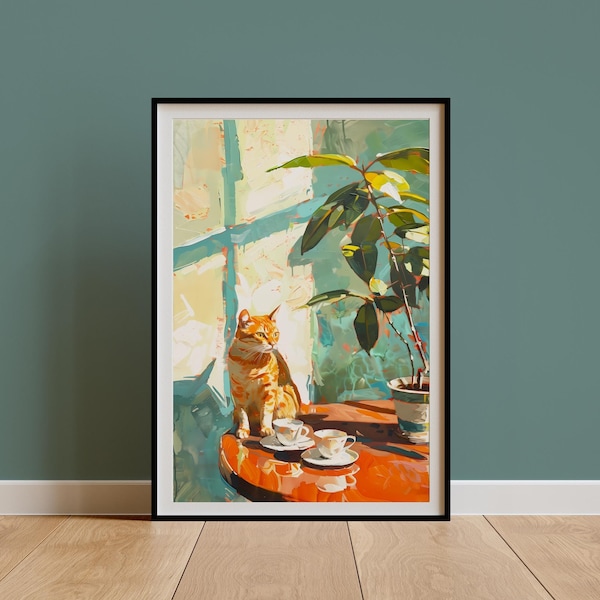 Retro Ginger Cat & Coffee Wall Art Print, TeaCups Vintage Kitchen Decor, Dining Room Artwork, Still Life Painting, Drink Illustration Poster