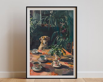May include: A framed painting of a dog sitting at a table with teacups and a plant. The dog is brown and white and has a curious expression. The background is a lush green jungle scene.