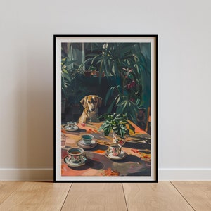 May include: A framed painting of a dog sitting at a table with teacups and a plant. The dog is brown and white and has a curious expression. The background is a lush green jungle scene.