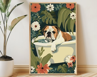 English Bulldog Wall Art, Boho Jungle Bathtub Print, Maximalist Botanical Decor, Eclectic Tropical Poster, Dog Owner Mom Dad Gift, DIGITAL