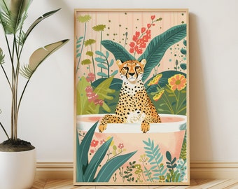 Cheetah Bathtub Wall Art-DIGITAL DOWNLOAD, Animal Kids Room Print, Boho Jungle Bathroom Poster,Maximalist Botanical Eclectic Tropical Poster