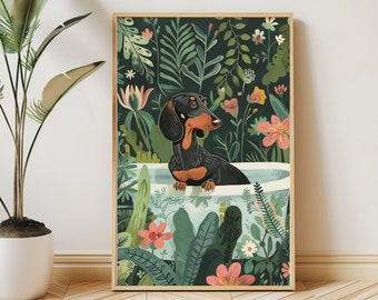 Dachshund Wall Art, Boho Jungle Bathtub Print, Maximalist Botanical Decor, Eclectic Tropical Poster, Black Blue Tan Dog Owner Gift, DIGITAL