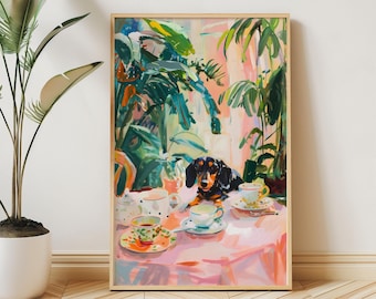 Retro teckelprint, keukendecor, vintage hond en theekopjes, koffie illustratie poster, dining muurkunst, stilleven, worstje hond cadeau moeder