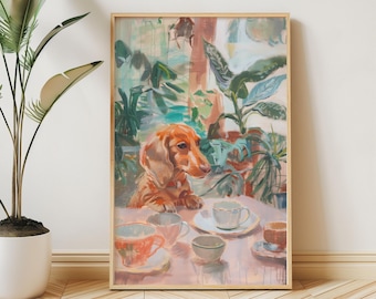 Retro Dachshund Print, Vintage Dog & Coffee Kitchen Decor, Teacups Illustration Poster, Dining Room Wall Art, Still Life Painting, Dog Mom