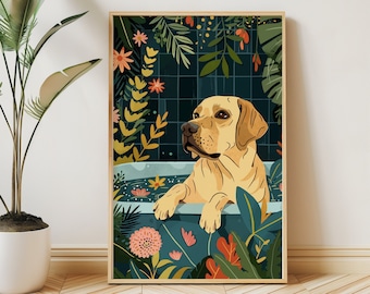 Yellow Labrador Wall Art, Boho Jungle Bathtub Print, Maximalist Botanical Home Decor, Eclectic Tropical Poster, Dog Mom Owner Gift, DIGITAL