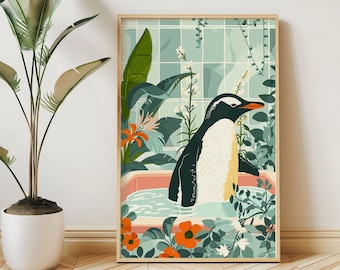 May include: A framed illustration of a penguin in a bathtub surrounded by tropical plants. The penguin is black and white with a yellow beak. The plants are green and have red flowers. The background is a light blue tile pattern.