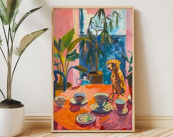 Retro Dog & Teacups Print, Coffee Illustration Poster, Dining Room Wall Art, Vintage Kitchen Decor, Modern Still Life Painting, Dog Mom Gift