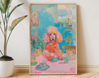 Surreal Pink Poodle Artwork, Psychedelic Art, Retro Dog & Coffee Poster Print, Dining Room Teacups Painting,Girly Kitchen Dopamine Decor