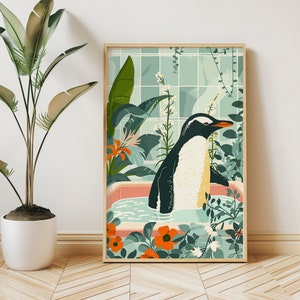 Arte de la pared del pingüino, impresión de la habitación de los niños animales, cartel de la bañera de la selva boho, cartel tropical ecléctico botánico maximalista, arte del baño DIGITAL