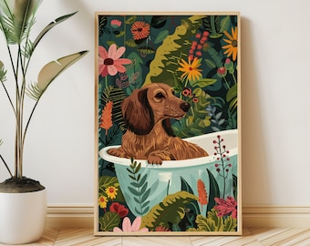 May include: A brown dachshund dog sits in a blue bathtub surrounded by green leaves and colorful flowers. The dog is looking to the right of the image.