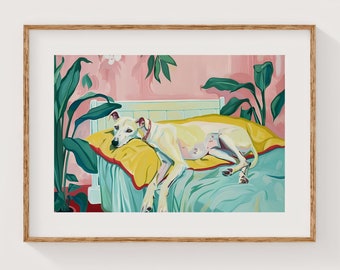 Vintage windhondkunstwerk, poster hond in bed, Italiaanse windhond schilderij Italiaanse windhond, retro slaapkamer stillevenkunstprint, decor windhond als moeder cadeau