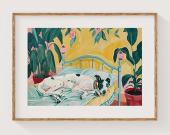 Vintage Greyhound Wall Art, Retro Dog in Bed Print, Still Life Painting, Odd Bedroom Decor, Unique Greyhound Gifts,Greyhound Painting Poster
