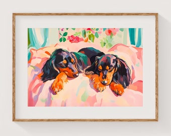 Vintage Dachshund Wall Art, Sleepy Dog & Bed Poster, Two Dachshunds Horizontal Print, Bedroom Painting,Retro Dorm Decor,Dachshund Owner Gift