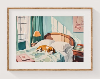 Vintage Beagle Wall Art Poster, Dog & Bed Illustration, Retro Horizontal Art Print, Beagle Painting, Bedroom Decor, Beagle Owner Gift