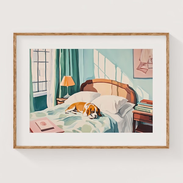 Vintage Beagle Wall Art Poster, Dog & Bed Illustration, Retro Horizontal Art Print, Beagle Painting, Bedroom Decor, Beagle Owner Gift