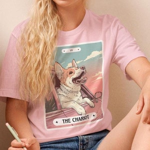 T-shirt hond tarotkaart, strijdwagen tarotshirt, grappige hond meme grafisch T-shirt, schattige Corgi boho hippie Witchy oversized uniseks T-shirt, magische hond cadeau