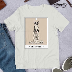 Dog Tarot Card TShirt, Tower Tarot Shirt,Cute Dog Bones Skulls Meme Graphic Tee,Frenchie gift,Boston Terrier tee,kawaii witchy unisex tee