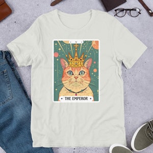 Camiseta con carta del tarot de gato, camiseta del tarot del emperador, divertida camiseta con gráfico de meme de gato, extraña camiseta unisex con TDAH de gran tamaño, estilo bohemio y brujería con pentáculo, regalo para papá gato