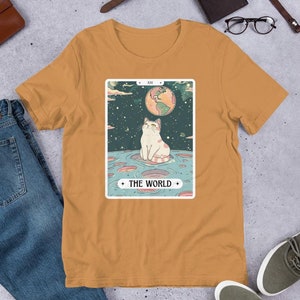 Camiseta con carta del tarot de gato, camiseta del tarot mundial, linda camiseta con gráfico de meme de gato, camiseta unisex de gran tamaño hippie boho, gato mágico de la tierra celestial, regalo para mamá gata
