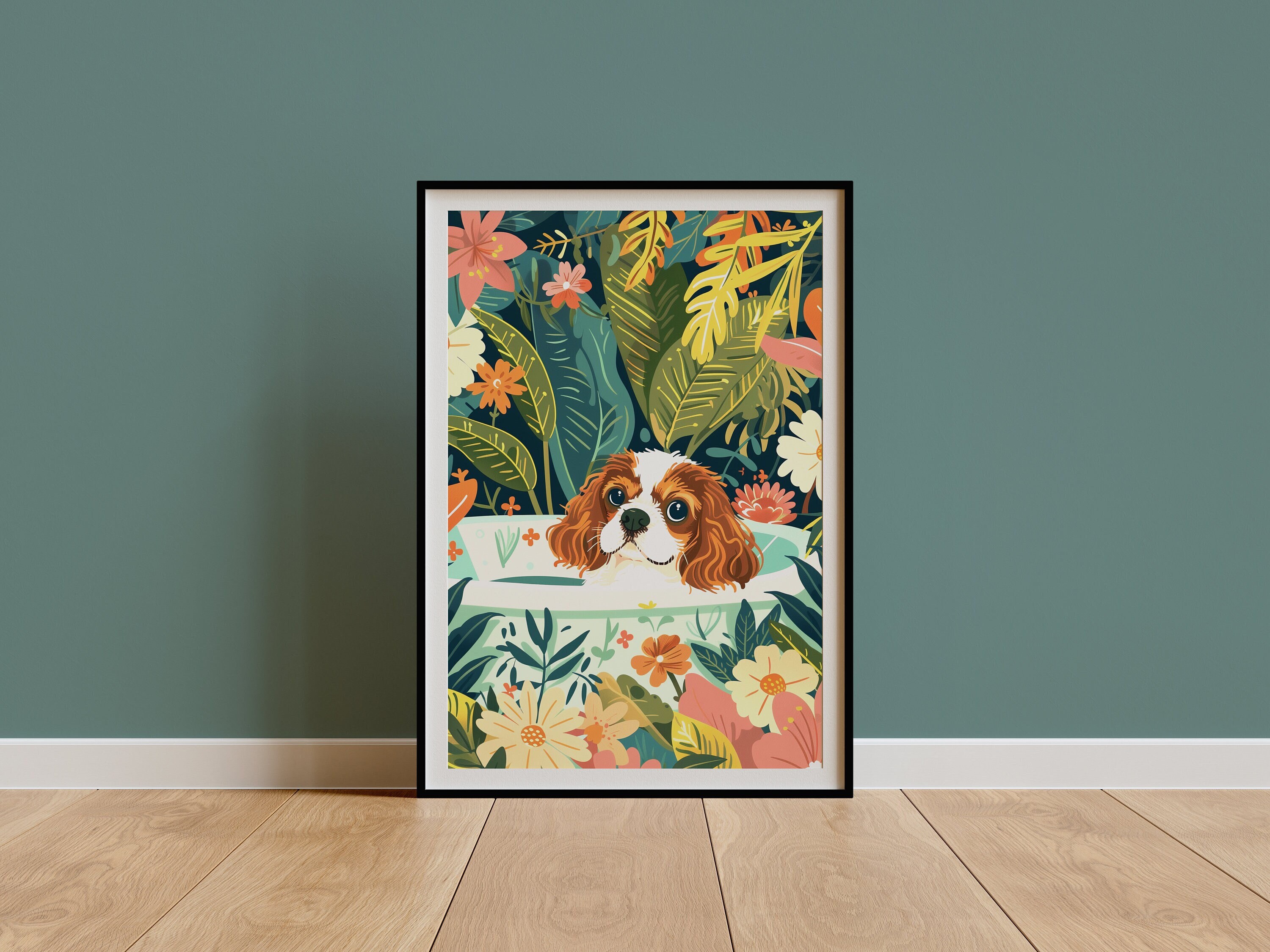 Cavalier King Charles Spaniel Wall Art, Jungle Bathtub Tropical Print, Maximalist Botanical Decor, Eclectic Poster, Dog Owner Gift, DIGITAL