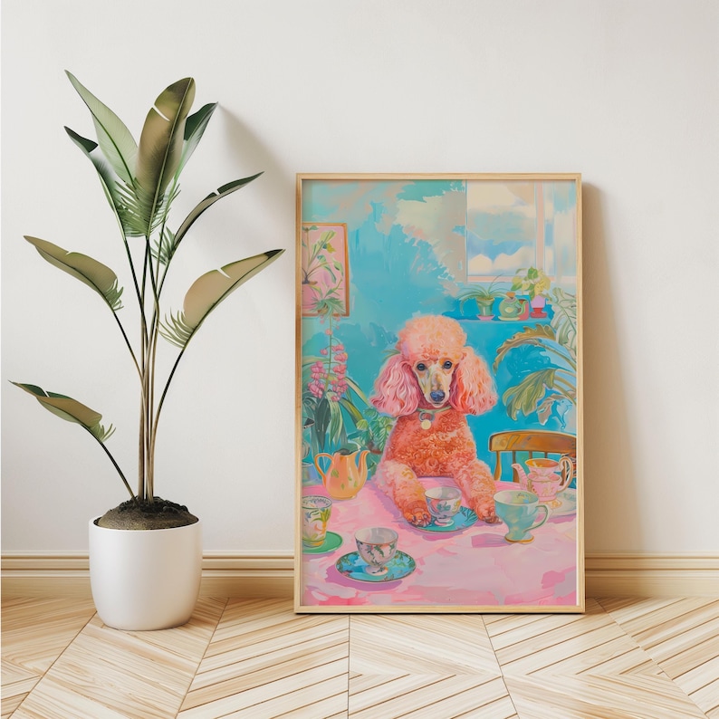 Impressionist Poodle Painting, Vintage Kitchen Decor, Surreal Still Life Dog Print, Retro Drink Art, Psychedelic, Dining Room Wall Art, Dog Mom Dad Lover Gift, Coffee Poster, Whimsical Pastel Wall Art, Monet, Italia French Poster, Tea cup Tea Time