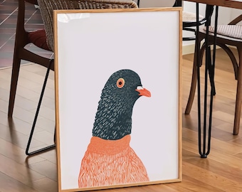 Retro Pigeon Artwork Print,Awkward Pigeon Wall Art,Quirky Vintage Linocut Bird Poster,Cute Nursery Kid Room Illustration,Funny Mom Gift